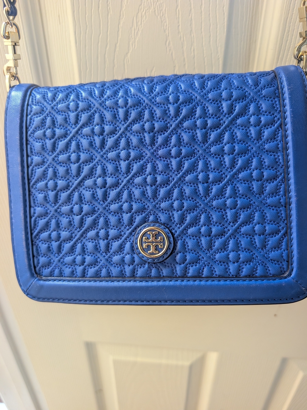 Tory Burch Cobalt Quilted Leather Crossbody with Logo Medallion